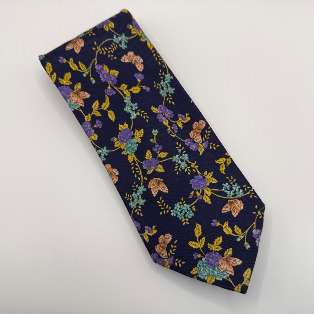 Hudson & Oates Silk Tie OS Navy Blue Floral Butterfly Botanical Vintage Preppy